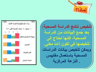 ‫لماذا؟‬
:‫المسحية‬ ‫الدراسة‬ ‫نتائج‬ ‫تلخيص‬
‫الدراسة‬ ‫من‬ ‫البيانات‬ ‫جمع‬ ‫بعد‬
‫إلى‬ ‫تحتاج‬ ‫فإنها‬ ،‫المسحية‬
.‫معنى‬ ‫ذات‬ ‫تكون‬ ‫كي‬ ‫تلخيصها‬
‫الدراسات‬ ‫بيانات‬ ‫تلخيص‬ ‫ويمكن‬
‫مقاييس‬ ‫باستعمال‬ ‫المسحية‬
‫المركزية‬ ‫النزعة‬ .
 
