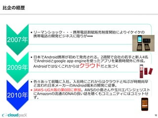 比企の経歴
12
2007年
• リーマンショック・・・携帯電話割賦販売制度度開始により            
イケイケの携帯電話の開発ビジネスに陰りが•••
2009年
•  ⽇日本でAndroid携帯が初めて発売される。2週間で会社の若若⼿手と新⼈人4名
でAndroidとgoogle  app  engineを使ったアプリを業務時間外に作成。
Androidではなくこれからはクラウドだと気づく
2010年
•  ⾊色々あって前職に⼊入社。⼊入社時にこれからはクラウドと叫ぶが時期尚早
と⾔言われ⽇日本メーカーのAndroid端末の開発に従事。
•  JAWS-‐‑‒UG⼤大阪の第0回に参加。AWSの⼩小島さんや⽟玉川エバンジェリスト
にAmazonの流流通のDNAの良良い話を聴くもコミュニティにはコミットせ
ず。
 