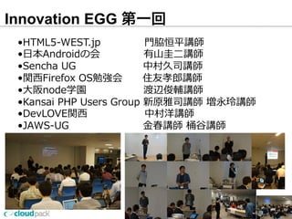 Innovation EGG 第一回
24
•HTML5-‐‑‒WEST.jp                          ⾨門脇恒平講師
•⽇日本Androidの会           　          有⼭山圭⼆二講師
•Sencha  UG 　                                  中村久司講師
•関⻄西Firefox  OS勉強会            住友孝郎郎講師
•⼤大阪node学園 　                            渡辺俊輔講師
•Kansai  PHP  Users  Group  新原雅司講師  増永玲玲講師
•DevLOVE関⻄西 　                            中村洋講師
•JAWS-‐‑‒UG                                            ⾦金金春講師  桶⾕谷講師
 