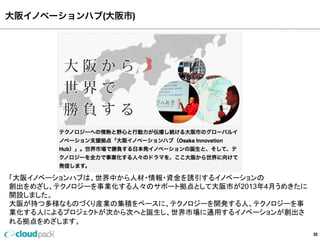 大阪イノベーションハブ(大阪市)
50
「⼤大阪イノベーションハブは、世界中から⼈人材・情報・資⾦金金を誘引するイノベーションの
創出をめざし、テクノロジーを事業化する⼈人々のサポート拠点として⼤大阪市が2013年年4⽉月う
めきたに開設しました。
⼤大阪が持つ多様なものづくり産業の集積をベースに、テクノロジーを開発する⼈人、テクノロ
ジーを事業化する⼈人によるプロジェクトが次から次へと誕⽣生し、世界市場に通⽤用するイノベ
ーションが創出される拠点をめざします。
 