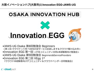 大阪イノベーションハブ(大阪市)とInnovation EGG•JAWS-UG
51
Innovation EGG
•JAWS-‐‑‒UG  Osaka  第8回勉強会  Beginners  
  <第１回  クラウドって何？AWSの全サービスお話します＆クラウド駆け込み寺>
•Innovation  EGG  第⼀一回  <IT系コミュニティ合同•未経験者向け勉強会>
•JAWS-‐‑‒UG  Osaka  第9回勉強会  Beginners&ServiceProviders
•Innovation  EGG  第⼆二回  XEgg  1st
  『クラウド未経験者向けITコミュニティ＆クラウドベンダー合同勉強会』	
 