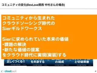 コミュニティの変化(DevLove関西 中村さんの場合)
57
 　DevLOVE(コミュニティ)で、他の現場の話を聞くことはできる  (＝広がる)
 　⼀一⽅方、その現場⾃自体にもっと突っ込むのはコミュニティでは限界がある  (＝深さの話)
 　では、その深さを求めるためにどうしたら良良いか？
 　という(実装)⽅方法の1つが
コミュニティから⽣生まれた
クラウドソーシング時代の
Sierギルドワークス
Sierに求められていた本来の価値
•課題の解決
•新たな価値の提案
をクラウド時代に実現(実装)する
 