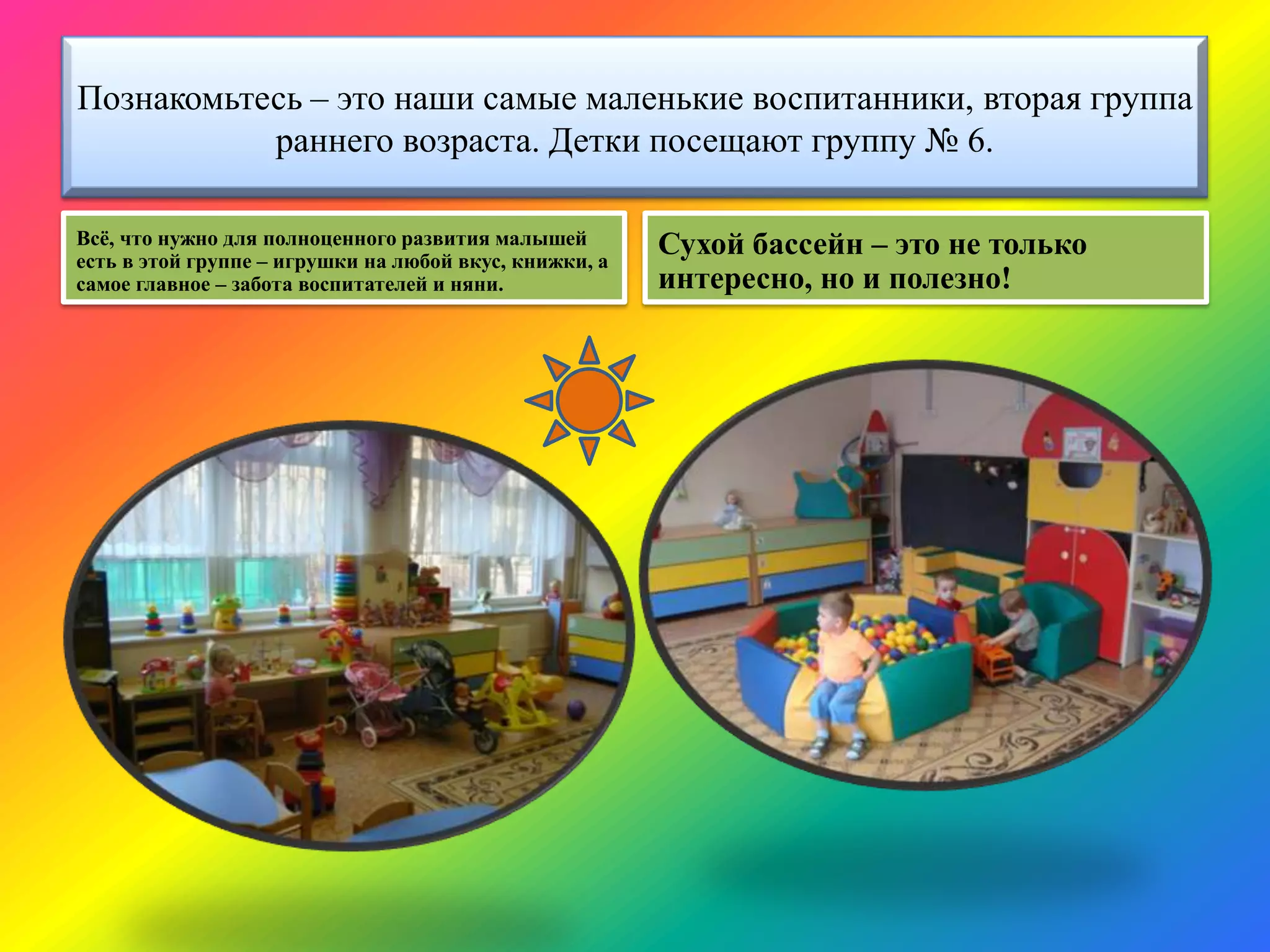 Познакомьтесь – это наши самые маленькие воспитанники, вторая группа
раннего возраста. Детки посещают группу № 6.
Всѐ, что нужно для полноценного развития малышей
есть в этой группе – игрушки на любой вкус, книжки, а
самое главное – забота воспитателей и няни.
Сухой бассейн – это не только
интересно, но и полезно!
 