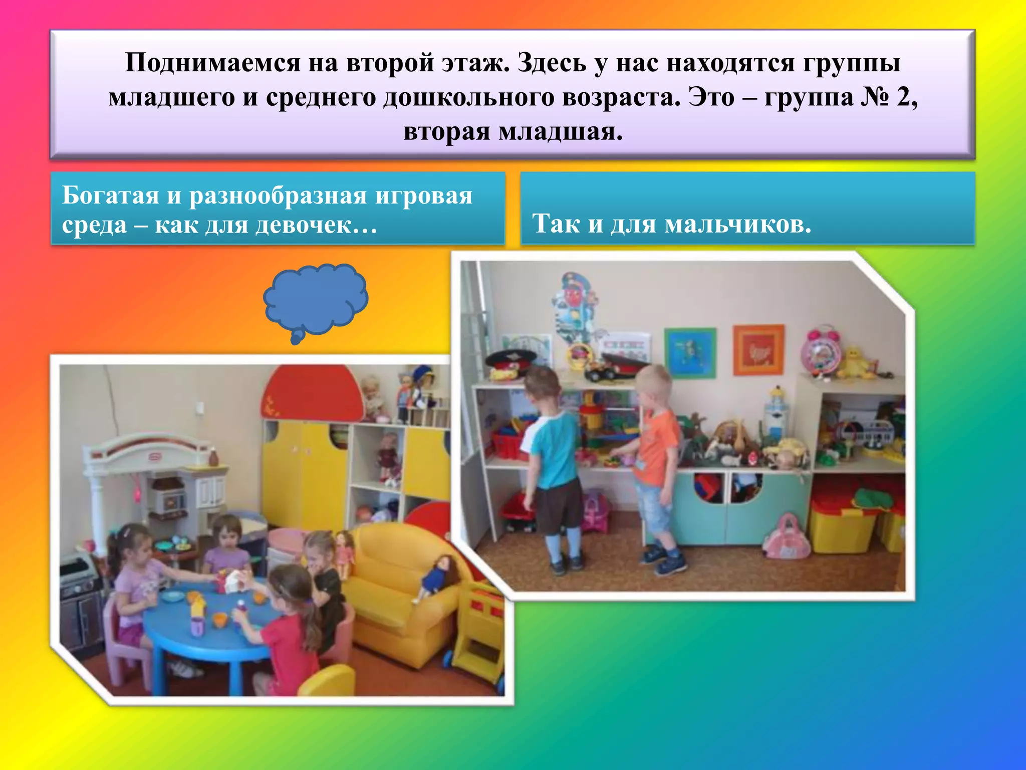 Поднимаемся на второй этаж. Здесь у нас находятся группы
младшего и среднего дошкольного возраста. Это – группа № 2,
вторая младшая.
Богатая и разнообразная игровая
среда – как для девочек… Так и для мальчиков.
 