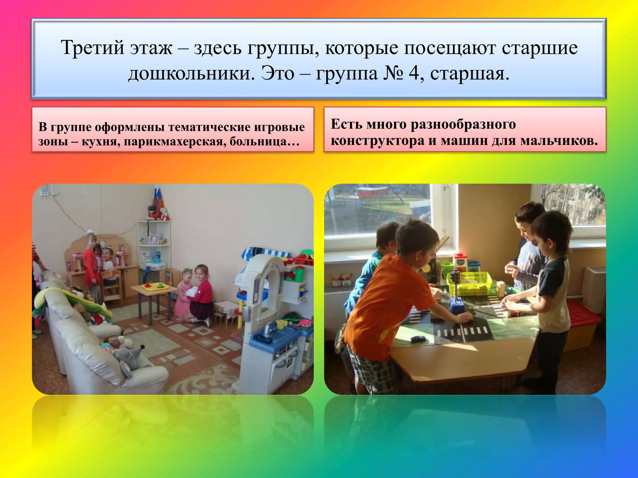Третий этаж – здесь группы, которые посещают старшие
дошкольники. Это – группа № 4, старшая.
В группе оформлены тематические игровые
зоны – кухня, парикмахерская, больница…
Есть много разнообразного
конструктора и машин для мальчиков.
 