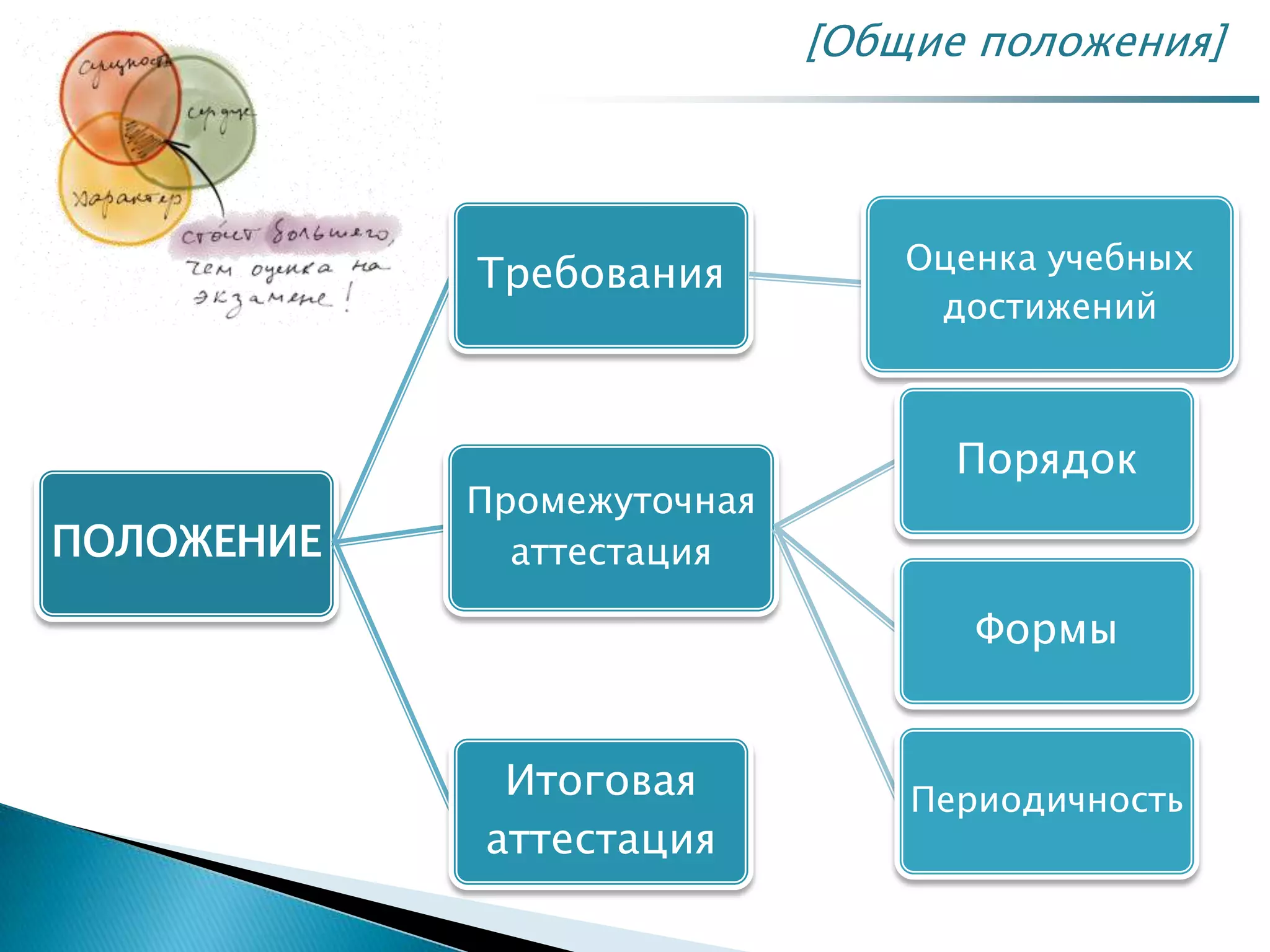 [Общие положения]
ПОЛОЖЕНИЕ
Требования Оценка учебных
достижений
Промежуточная
аттестация
Порядок
Формы
ПериодичностьИтоговая
аттестация
 