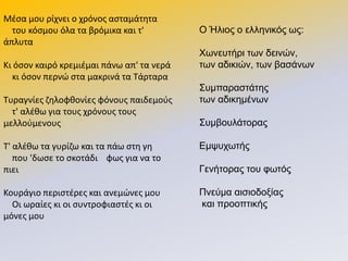 Μζςα μου ρίχνει ο χρόνοσ αςταμάτθτα
του κόςμου όλα τα βρόμικα και τ'
άπλυτα
Κι όςον καιρό κρεμιζμαι πάνω απ' τα νερά
κι όςον περνϊ ςτα μακρινά τα Τάρταρα
Τυραγνίεσ ηθλοφκονίεσ φόνουσ παιδεμοφσ
τ' αλζκω για τουσ χρόνουσ τουσ
μελλοφμενουσ
Τ' αλζκω τα γυρίηω και τα πάω ςτθ γθ
που 'δωςε το ςκοτάδι φωσ για να το
πιει
Κουράγιο περιςτζρεσ και ανεμϊνεσ μου
Οι ωραίεσ κι οι ςυντροφιαςτζσ κι οι
μόνεσ μου
Ο Ήιηνο ν ειιεληθόο σο:
Χσλεπηήξη ησλ δεηλώλ,
ησλ αδηθηώλ, ησλ βαζάλσλ
΢πκπαξαζηάηεο
ησλ αδηθεκέλσλ
΢πκβνπιάηνξαο
Δκςπρσηήο
Γελήηνξαο ηνπ θσηόο
Πλεύκα αηζηνδνμίαο
θαη πξννπηηθήο
 