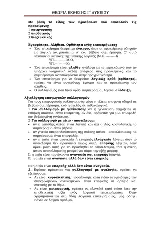 ΘΕΩΡΙΑ ΕΚΘΕΣΗΣ Γ΄ ΛΥΚΕΙΟΥ
Με βάση το είδος των προτάσεων που αποτελούν τις
προκείμενες
1 κατηγορικός
2 υποθετικός
3 διαζευκτικός
Εγκυρότητα, Αλήθεια, Ορθότητα ενός επιχειρήματος
Ένα επιχείρημα θεωρείται έγκυρο, όταν οι προκείμενες οδηγούν
με λογική αναγκαιότητα σ' ένα βέβαιο συμπέρασμα. Σ' αυτό
ισχύουν οι κανόνες της τυπικής λογικής (Μ.Ο.--------Κ
ΥΠ.---------Μ.Ο.
ΥΠ.---------Κ)
Ένα επιχείρημα είναι αληθές ανάλογα με το περιεχόμενο του· αν
υπάρχει νοηματική σχέση ανάμεσα στις προκείμενες και το
συμπέρασμα ανταποκρίνεται στην πραγματικότητα.
Ένα επιχείρημα για να θεωρείται λογικώς ορθό (ορθότητα),
πρέπει να είναι συγχρόνως έγκυρο και οι προκείμενες του
αληθείς.
Ο συλλογισμός που δίνει ορθό συμπέρασμα, λέγεται απόδειξη
Αξιολόγηση επαγωγικών συλλογισμών
Για τους επαγωγικούς συλλογισμούς μόνο η τέλεια επαγωγή οδηγεί σε
βέβαιο συμπέρασμα, ενώ η ατελής σε πιθανολογικό.
1 Για συλλογισμό με γενίκευση: αν η γενίκευση στηρίζεται σε
επαρκή στοιχεία, είναι επιτρεπτή, αν όχι, πρόκειται για μια επισφαλή
και βεβιασμένη γενίκευση.
2 Για συλλογισμό με αίτιο - αποτέλεσμα:
αν η αιτιώδης σχέση είναι λογική και όχι απλώς χρονολογική, το
συμπέρασμα είναι βέβαιο.
αν γίνεται υπεραπλούστευση της σχέσης αιτίου - αποτελέσματος, το
συμπέρασμα είναι επισφαλές.
αν η αιτία είναι αναγκαία ή επαρκής (Αναγκαία λέγεται όταν το
αποτέλεσμα δεν προκύπτει χωρίς αυτή, επαρκής λέγεται, όταν
αρκεί μόνο αυτή για να προκληθεί το αποτέλεσμα), τότε η σχέση
αιτίου αποτελέσματος μπορεί να πάρει την εξής μορφή:
Ι. η αιτία είναι ταυτόχρονα αναγκαία και επαρκής (ικανή).
II. η αιτία είναι αναγκαία αλλά δεν είναι επαρκής.
III.η αιτία είναι επαρκής αλλά δεν είναι αναγκαία.
3. Εφόσον πρόκειται για συλλογισμό με αναλογία, πρέπει να
εξετάσουμε:
Αν είναι κυριολεκτική, προσέχουμε κατά πόσο οι ομοιότητες των
συγκρινόμενων αντικειμένων είναι επαρκείς σε αριθμό και
σχετικές με το θέμα.
Αν είναι μεταφορική, πρέπει να ελεγχθεί κατά πόσο έχει την
αποδεικτική αξία ενός λογικού επιχειρήματος. Όταν
χρησιμοποιείται στη θέση λογικού επιχειρήματος, μας οδηγεί
πάντα σε λογικό σφάλμα.
 