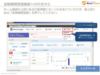 © Money Forward Inc. All Rights Reserved 
45 
金融機関登録画面への行き方② 
『金融機関を登録する』を押下してください。 
「金融機関を登録する」を押下してください 
登録済み金融機関  