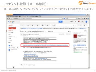 © Money Forward Inc. All Rights Reserved 
8 
1.アカウント設定 
2.事業者登録 
3.プロダクトキーの入力 
4.ユーザー招待 
5.オーナー権限の委譲 
6.顧問先への依頼  