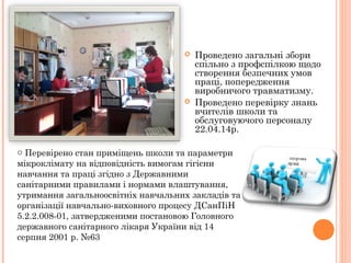 Проведено загальні збори
спільно з профспілкою щодо
створення безпечних умов
праці, попередження
виробничого травматизму.
 Проведено перевірку знань
вчителів школи та
обслуговуючого персоналу
22.04.14р.
o Перевірено стан приміщень школи та параметри
мікроклімату на відповідність вимогам гігієни
навчання та праці згідно з Державними
санітарними правилами і нормами влаштування,
утримання загальноосвітніх навчальних закладів та
організації навчально-виховного процесу ДСанПіН
5.2.2.008-01, затвердженими постановою Головного
державного санітарного лікаря України від 14
серпня 2001 р. №63
 