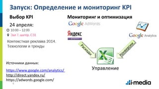 6
Запуск: Определение и мониторинг KPI
Выбор KPI
24 апреля:
Мониторинг и оптимизация
Расходы
Расходы
https://www.google.com/analytics/
http://direct.yandex.ru/
https://adwords.google.com/
Источники данных:
Конверсии
Конверсии
Управление
 