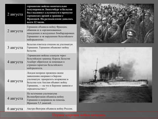 2 августа
германские войска окончательно
оккупировали Люксембург и Бельгии
был выдвинут ультиматум о пропуске
германских армий к границе с
Францией. На размышления давалось
всего 12 часов.
2 августа
Германия объявила войну Франции,
обвинив ее в «организованных
нападениях и воздушных бомбардировках
Германии» и «в нарушении бельгийского
нейтралитета».
3 августа
Бельгия ответила отказом на ультиматум
Германии. Германия объявляет войну
Бельгии.
4 августа
Германские войска хлынули через
бельгийскую границу. Король Бельгии
Альберт обратился за помощью к
странам-гарантам бельгийского
нейтралитета.
4 августа
Лондон вопреки прежним своим
заявлениям направил в Берлин
ультиматум: прекратить вторжение в
Бельгию или Англия объявит войну
Германии, — на что в Берлине заявили о
«предательстве».[
4 августа
По истечении ультиматума
Великобритания объявила войну
Германии и направила на помощь
Франции 5,5 дивизий.
6 августа Австро-Венгрия объявила войну России.
Первая мировая война началась
 