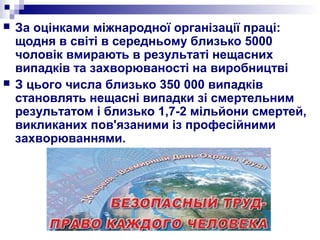  За оцінками міжнародної організації праці:
щодня в світі в середньому близько 5000
чоловік вмирають в результаті нещасних
випадків та захворюваності на виробництві
 З цього числа близько 350 000 випадків
становлять нещасні випадки зі смертельним
результатом і близько 1,7-2 мільйони смертей,
викликаних пов'язаними із професійними
захворюваннями.
 