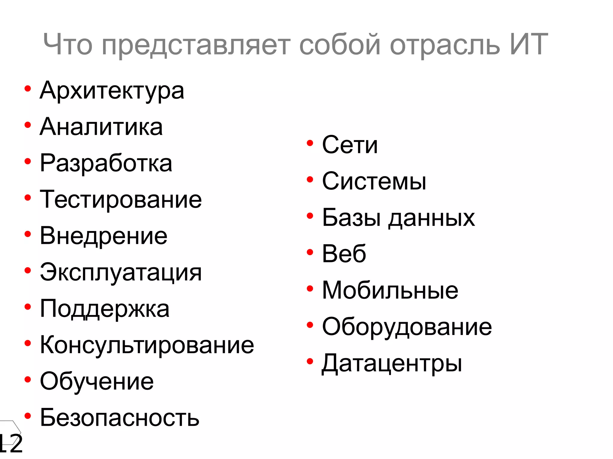 12
Что представляет собой отрасль ИТ
• Архитектура
• Аналитика
• Разработка
• Тестирование
• Внедрение
• Эксплуатация
• Поддержка
• Консультирование
• Обучение
• Безопасность
• Сети
• Системы
• Базы данных
• Веб
• Мобильные
• Оборудование
• Датацентры
 