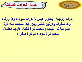 ‫مثال‬1
:‫زوجية‬ ‫كرات‬‫كيس‬ ‫يحتوي‬6‫و‬ ‫سوداء‬ ‫كرات‬9‫زرقاء‬
‫و‬4‫كرة‬ ‫منه‬ ‫سحبت‬ُ‫ح‬ ‫فإذا‬ .‫خضراوين‬ ‫وكرتين‬ ‫صفراء‬
‫احتمال‬ ‫فأوجد‬ ،‫ثانية‬ ‫كرة‬ ‫سحبت‬ُ‫ح‬ ‫و‬ ‫أيعيدت‬ُ‫ح‬ ‫ثم‬ ‫ا‬ً ‫يعشوائي‬
. ‫صفراء‬ ‫كرة‬ ‫ثم‬ ‫سوداء‬ ‫كرة‬ ‫سحب‬
‫المستقلة‬ ‫الحوادث‬ ‫احتمال‬
 