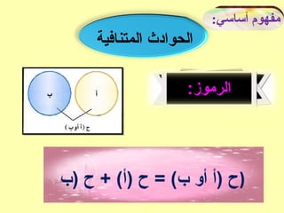 :‫أساسي‬ ‫مفهوم‬
‫المتنافية‬ ‫الحوادث‬
:‫الرموز‬
‫)ب‬ ‫ح‬ + (‫)أ‬ ‫ح‬ = (‫ب‬ ‫أو‬ ‫)أ‬ ‫)ح‬
 