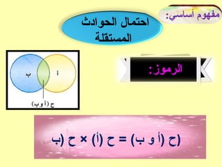 :‫أساسي‬ ‫مفهوم‬
‫الحوادث‬ ‫احتمال‬
‫المستقلة‬
:‫الرموز‬
‫)ب‬ ‫ح‬ × (‫)أ‬ ‫ح‬ = (‫ب‬ ‫و‬ ‫)أ‬ ‫)ح‬
 