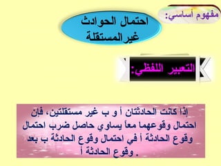 :‫أساسي‬ ‫مفهوم‬
‫الحوادث‬ ‫احتمال‬
‫غيرالمستقلة‬
:‫اللفظي‬ ‫التعبير‬
‫فإن‬ ،‫مستقلتين‬ ‫غير‬ ‫ب‬ ‫و‬ ‫أ‬ ‫الحادثتان‬ ‫كانت‬ ‫إذا‬
‫احتمال‬ ‫ضرب‬ ‫حاصل‬ ‫يساوي‬ ‫ا‬ً ‫مع‬ ‫وقويعهما‬ ‫احتمال‬
‫بعد‬ ‫ب‬ ‫الحادثة‬ ‫وقوع‬ ‫احتمال‬ ‫في‬ ‫أ‬ ‫الحادثة‬ ‫وقوع‬
‫أ‬ ‫الحادثة‬ ‫وقوع‬ .
 