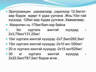  Эритромицин шахмалаар ,сиропоор 12,5мг/кг-
аар бодож өдөрт 4 удаа уулгана .Жнь:10кг-тай
хүүхдэд 125мг-аар 4удаа уулгана .Хөвмөлөөр:
 Макропен нь 175мг/5мл-ээр байна
 . 5кг хүртэлх жинтэй хүүхдэд -
2x3,75мл/131,25мг/
 10кг хүртэлх жинтэй хүүхдэд -2x7,5мл/262,5мг/
 15кг хүртэлх жинтэй хүүхдэд -2x10 мл /350мг/
 20 кг хүртэлх жинтэй хүүхдэд -2x15 мл/525мг/
 30 кг хүртэлх жинтэй хүүхдэд -
2x22,5мл/787,5мг/ бодож өгнө .
 