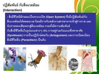 Free Powerpoint Templates
Page 12
ปฏิสัมพันธ์ กับสิ่งแวดล้อม
(Interaction)
- สิ่งมีชีวิตมีลักษณะเป็นระบบเปิด (Open System) ซึ่งมีปฏิสัมพันธ์กับ
สิ่งแวดล้อมได้ตลอดเวลาโดยมีการรับพลังงานสารอาหารเข้าสู่ร่างกาย และ
ขับถ่ายของเสียออกสู่สิ่งแวดล้อม รวมทั้งมีความสัมพันธ์
กับสิ่งมีชีวิตอื่นในรูปแบบต่างๆ เช่น การอยู่ร่วมกันแบบพึ่งพาอาศัย
(Symbiosis) การเป็นปฏิปักษ์ต่อกัน (Antagonism) และการเบียดเบียน
สิ่งมีชีวิตอื่น (Parasitism) เป็นต้น
 