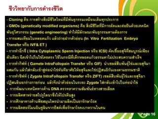 Free Powerpoint Templates
Page 16
ชีววิทยากับการดารงชีวิต
- Cloning คือ การสร้างสิ่งมีชีวิตใหม่ที่มีพันธุกรรมเหมือนเดิมทุกประการ
- GMOs (genetically modified organisms) คือ สิ่งมีชีวิตที่มีการตัดและต่อยีนด้วยเทคนิค
พันธุวิศวกรรม (genetic engineering) ทาให้มีลักษณะพันธุกรรมตามต้องการ
- การผสมเทียมในหลอดแก้ว แล้วถ่ายฝากตัวอ่อน (In Vitro Fertilization Embryo
Transfer หรือ IVF& ET )
- การทาอิ๊กซี่ ( Intra Cytoplasmic Sperm Injection หรือ ICSI) คัดเชื้ออสุจิที่สมบูรณ์เพียง
ตัวเดียว ฉีดเข้าไปในไข่โดยตรง ใช้ในกรณีที่เด็กหลอดแก้วธรรมดาไม่ประสบความสาเร็จ
- การทากิฟท์ ( Gamete IntraFollopain Transfer หรือ GIF) นาเซลล์สืบพันธุ์ไข่และอสุจิมา
ผสมกัน แล้วใส่กลับเข้าสู่ท่อนาไข่ทันทีอาศัยให้อสุจิและไข่ปฏิสนธิกันเองตามธรรมชาติ
- การทาซิฟท์ ( Zygote IntraFollopain Transfer หรือ ZIFT) เซลล์สืบพันธุ์ไข่และอสุจิมา
ปฏิสนธินอกร่างกายก่อน แล้วจึงนาตัวอ่อนในระยะ Zygote ใส่กลับเข้าไปในท่อนาไข่
- การพัฒนาเทคนิคทางด้าน DNA ตรวจหาความสัมพันธ์ทางสายเลือด
- การผลิตสาหร่ายสไปรูไลนาซึ่งให้โปรตีนสูง
- การศึกษาทางด้านพืชสมุนไพรนามาผลิตเป็นยารักษาโรค
- การผลิตฮอร์โมนอินซูลินจากยีสต์เพื่อรักษาโรคเบาหวานในคน
 