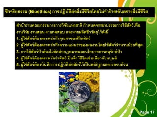 Free Powerpoint Templates
Page 17
ชีวจริยธรรม (Bioethics) การปฏิบัติต่อสิ่งมีชีวิตโดยไม่ทาร้าย/อันตรายสิ่งมีชีวิต
สานักงานคณะกรรมการการวิจัยแห่งชาติ กาหนดจรรยาบรรณการใช้สัตว์เพื่อ
งานวิจัย งานสอน งานทดสอบ และงานผลิตชีววัตถุไว้ดังนี้
1. ผู้ใช้สัตว์ต้องตระหนักถึงคุณค่าของชีวิตสัตว์
2. ผู้ใช้สัตว์ต้องตระหนักถึงความแม่นยาของผลงานโดยใช้สัตว์จานวนน้อยที่สุด
3. การใช้สัตว์ป่าต้องไม่ขัดต่อกฎหมายและนโยบายการอนุรักษ์ป่า
4. ผู้ใช้สัตว์ต้องตระหนักว่าสัตว์เป็นสิ่งมีชีวิตเช่นเดียวกับมนุษย์
5. ผู้ใช้สัตว์ต้องบันทึกการปฏิบัติต่อสัตว์ไว้เป็นหลักฐานอย่างครบถ้วน
 