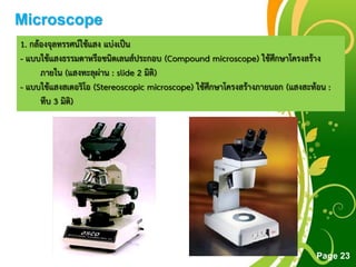 Free Powerpoint Templates
Page 23
1. กล้องจุลทรรศน์ใช้แสง แบ่งเป็น
- แบบใช้แสงธรรมดำหรือชนิดเลนส์ประกอบ (Compound microscope) ใช้ศึกษำโครงสร้ำง
ภำยใน (แสงทะลุผ่ำน : slide 2 มิติ)
- แบบใช้แสงสเตอริโอ (Stereoscopic microscope) ใช้ศึกษำโครงสร้ำงภำยนอก (แสงสะท้อน :
ทึบ 3 มิติ)
Microscope
 