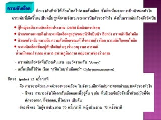 ความดันเลือด
• ผู้ใหญ่จะมีความดันเลือดประมาณ 120/80 มิลลิเมตรปรอท
• ตัวเลขแรกหมายถึงค่าความดันเลือดสูงสุดขณะหัวใจบีบตัว เรียกว่า ความดันซิสโทลิก
• ตัวเลขตัวหลัง หมายถึง ความดันเลือดขณะหัวใจคลายตัว เรียก ความดันไดแอสโทลิก
• ความดันเลือดขึ้นอยู่กับปัจจัยต่างๆ เช่น อายุ เพศ อารมณ์
น้าหนักของร่างกาย อาหาร สภาพภูมิอากาศ และสภาพของร่างกาย
 