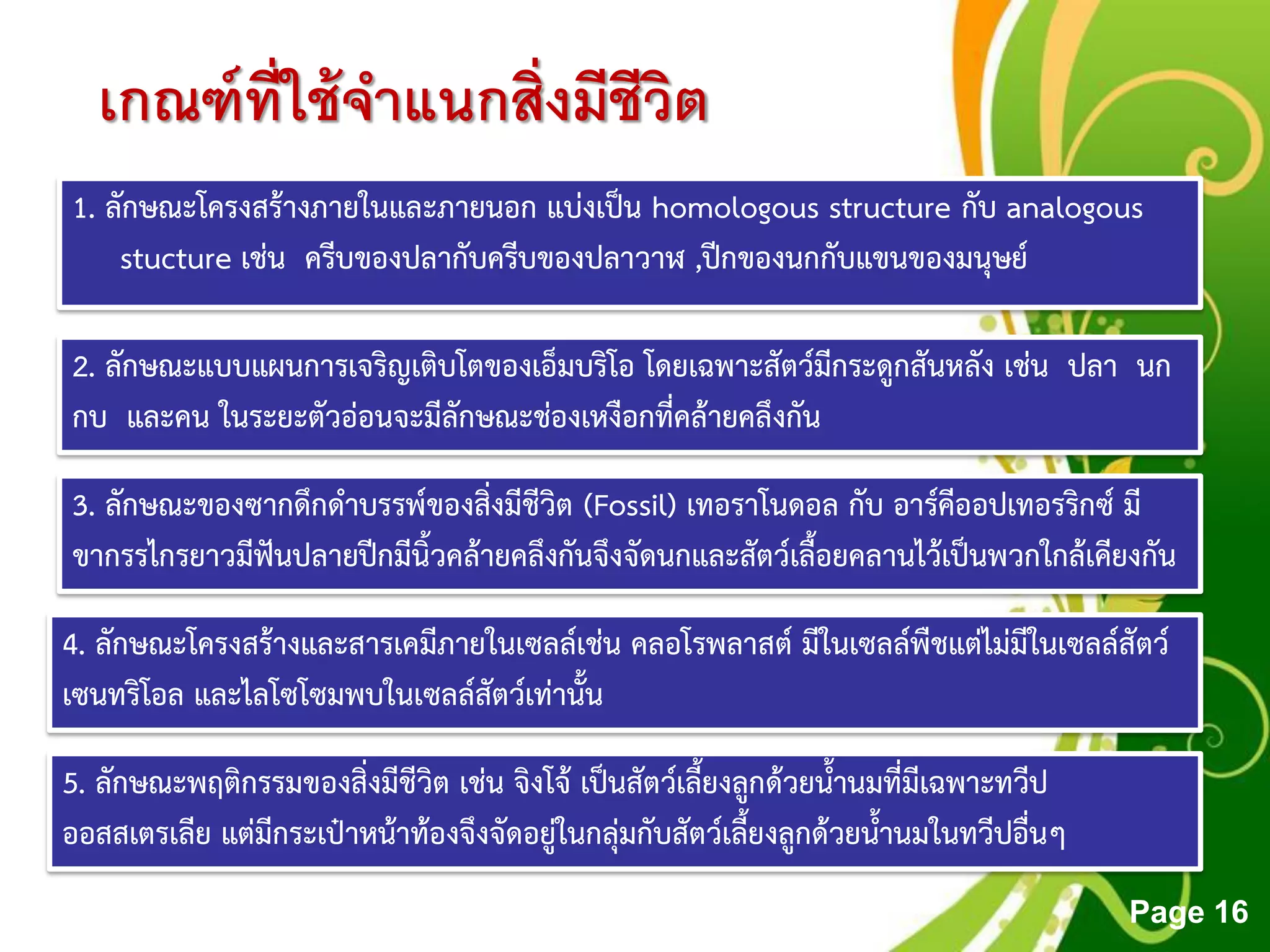 Free Powerpoint Templates
Page 16
เกณฑ์ที่ใช้จาแนกสิ่งมีชีวิต
1. ลักษณะโครงสร้างภายในและภายนอก แบ่งเป็น homologous structure กับ analogous
stucture เช่น ครีบของปลากับครีบของปลาวาฬ ,ปีกของนกกับแขนของมนุษย์
2. ลักษณะแบบแผนการเจริญเติบโตของเอ็มบริโอ โดยเฉพาะสัตว์มีกระดูกสันหลัง เช่น ปลา นก
กบ และคน ในระยะตัวอ่อนจะมีลักษณะช่องเหงือกที่คล้ายคลึงกัน
3. ลักษณะของซากดึกดาบรรพ์ของสิ่งมีชีวิต (Fossil) เทอราโนดอล กับ อาร์คีออปเทอรริกซ์ มี
ขากรรไกรยาวมีฟันปลายปีกมีนิ้วคล้ายคลึงกันจึงจัดนกและสัตว์เลื้อยคลานไว้เป็นพวกใกล้เคียงกัน
4. ลักษณะโครงสร้างและสารเคมีภายในเซลล์เช่น คลอโรพลาสต์ มีในเซลล์พืชแต่ไม่มีในเซลล์สัตว์
เซนทริโอล และไลโซโซมพบในเซลล์สัตว์เท่านั้น
5. ลักษณะพฤติกรรมของสิ่งมีชีวิต เช่น จิงโจ้ เป็นสัตว์เลี้ยงลูกด้วยน้านมที่มีเฉพาะทวีป
ออสสเตรเลีย แต่มีกระเป๋าหน้าท้องจึงจัดอยู่ในกลุ่มกับสัตว์เลี้ยงลูกด้วยน้านมในทวีปอื่นๆ
 