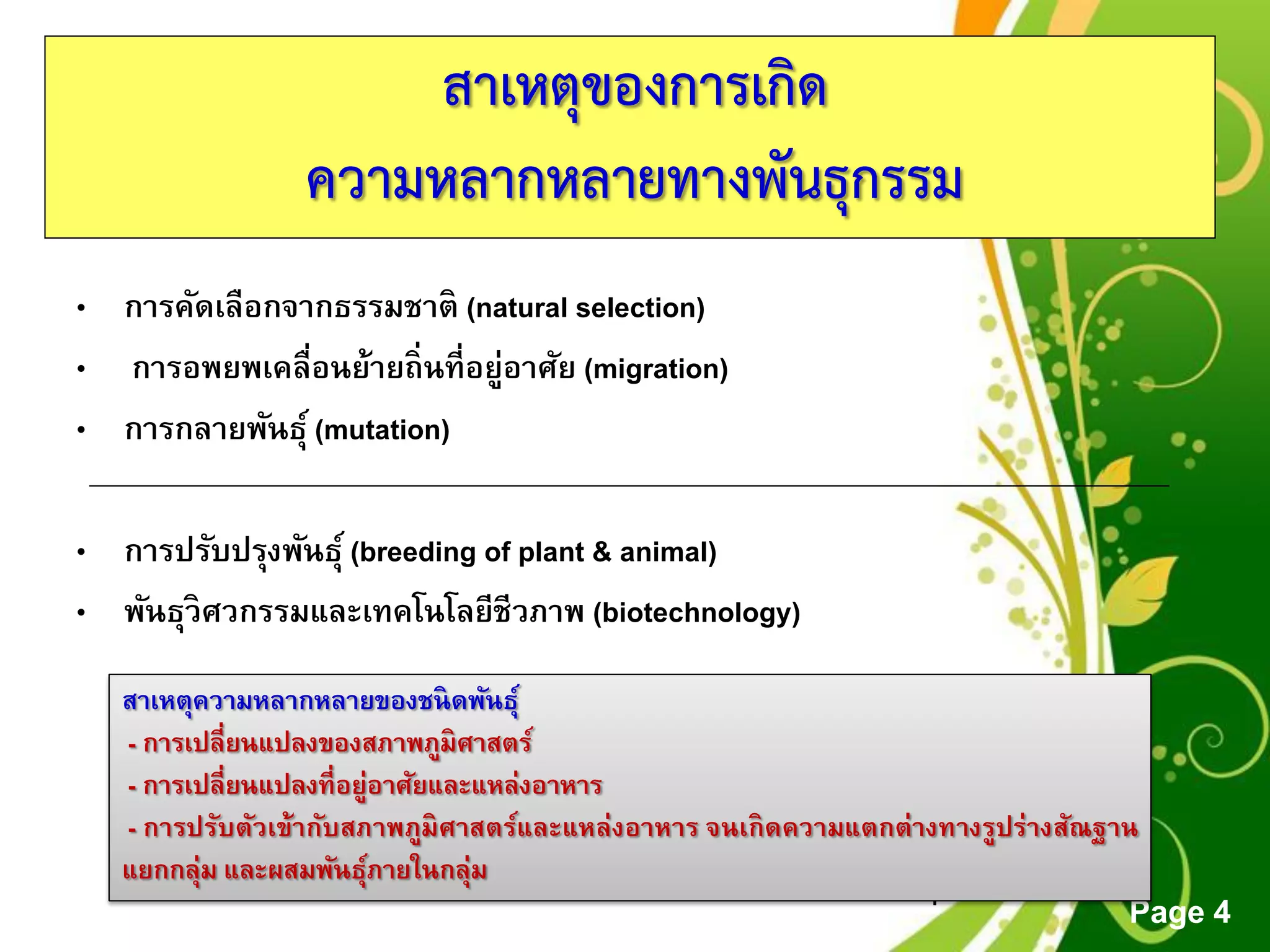 Free Powerpoint Templates
Page 4
4
สาเหตุของการเกิด
ความหลากหลายทางพันธุกรรม
• การคัดเลือกจากธรรมชาติ (natural selection)
• การอพยพเคลื่อนย้ายถิ่นที่อยู่อาศัย (migration)
• การกลายพันธุ์ (mutation)
• การปรับปรุงพันธุ์ (breeding of plant & animal)
• พันธุวิศวกรรมและเทคโนโลยีชีวภาพ (biotechnology)
สาเหตุความหลากหลายของชนิดพันธุ์
- การเปลี่ยนแปลงของสภาพภูมิศาสตร์
- การเปลี่ยนแปลงที่อยู่อาศัยและแหล่งอาหาร
- การปรับตัวเข้ากับสภาพภูมิศาสตร์และแหล่งอาหาร จนเกิดความแตกต่างทางรูปร่างสัณฐาน
แยกกลุ่ม และผสมพันธุ์ภายในกลุ่ม
 