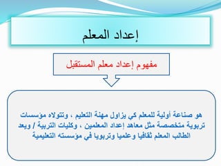 ‫المعلم‬ ‫إعداد‬
‫المستقبل‬ ‫معلم‬ ‫إعداد‬ ‫مفهوم‬
‫مؤسسات‬ ‫وتتواله‬ ، ‫التعليم‬ ‫مهنة‬ ‫يزاول‬ ‫كي‬ ‫للمعلم‬ ‫أولية‬ ‫صناعة‬ ‫هو‬
‫التربية‬ ‫وكليات‬ ، ‫المعلمين‬ ‫إعداد‬ ‫معاهد‬ ‫مثل‬ ‫متخصصة‬ ‫تربوية‬/‫و‬‫يعد‬
‫التعليمية‬ ‫مؤسسته‬ ‫في‬ ‫وتربويا‬ ‫وعلميا‬ ‫ثقافيا‬ ‫المعلم‬ ‫الطالب‬
 
