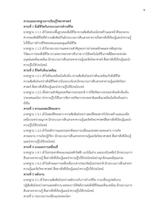 สาระและมาตรฐานการเรียนรูวิทยาศาสตร
สาระที่ 1 สิ่งมีชีวิตกับกระบวนการดํารงชีวิต
มาตรฐาน ว 1.1 เขาใจหนวยพื้นฐานของสิ่งมีชีวิต ความสัมพันธของโครงสรางและหนาที่ของระบบ
ตางๆของสิ่งมีชีวิตที่ทํางานสัมพันธกันมีกระบวนการสืบเสาะหาความรื่อสารสิ่งที่เรียนรูและนําความรู
ไปใชในการดํารงชีวิตของตนเองและดูแลสิ่งมีชีวิต
มาตรฐาน ว 1.2 เขาใจกระบวนการและความสําคัญของการถายทอดลักษณะทางพันธุกรรม
วิวัฒนาการของสิ่งมีชีวิต ความหลากหลายทางชีวภาพ การใชเทคโนโลยีชีวภาพที่มีผลกระทบตอ
มนุษยและสิ่งแวดลอม มีกระบวนการสืบเสาะหาความรูและจิตวิทยาศาสร สื่อสารสิ่งที่เรียนรูและนํา
ความรูไปใชประโยชน
สาระที่ 2 ชีวิตกับสิ่งแวดลอม
มาตรฐาน ว 2.1 เขาใจสิ่งแวดลอมในทองถิ่น ความสัมพันธระหวางสิ่งแวดลอมกับสิ่งมีชีวิต
ความสัมพันธระหวางสิ่งมีชีวิตตางๆในระบบนิเวศ มีกระบวนการสืบเสาะหาความรูและจิตวิทยา
ศาสตร สื่อสารสิ่งที่เรียนรูและนําความรูไปใชประโยบชน
มาตรฐาน ว 2.2 เขใจความสําคัญของทรัพยากรธรรมชาติ การใชทรัพยากรธรรมชาติระดับทองถิ่น
ประเทศและโลก นําความรูไปใชในการจัดการทรัพยากรธรรมชาติและสิ่งแวดลอมในทองถิ่นอยาง
ยั่งยืน
สาระที่ 3 สารและสมบัติของสาร
มาตรฐาน ว 3.1 เขาใจสมบัติของสาร ความสัมพันธระหวางสมบัติของสารกับโครงสรางและแรงยึด
เหนี่ยวระหวางอนุภาค มีกระบวนการสืบเสาะหาความรูและจิตวิทยาศาสตรสื่อสารสิ่งที่เรียนรูและนํา
ความรูไปใชประโยชน
มาตรฐาน ว 3.2 เขาใจหลักการและธรรมชาติของการเปลี่ยนแปลงสถานะของสาร การเกิด
สารละลาย การเกิดปฏิกิริยา มีกระบวนการสืบเสาะหาความรูและจิตวิทยาศาสตร สื่อสารสิ่งที่เรียนรู
และนําความรูไปใชประโยชน
สาระที่ 4 แรงและการเคลื่อนที่
มาตรฐาน ว 4.1 เขาใจธรรมชาติของแรงแมเหล็กไฟฟา แรงโนมถวง และแรงนิวเคลียร มีกระบวนการ
สืบเสาะหาความรู สื่อสารสิ่งที่เรียนรูและนําความรูไปใชประโยชนอยางถูกตองและมีคุณธรรม
มาตรฐาน ว 4.2 เขาใจลักษณะการเคลื่อนที่แบบตางๆของวัตถุในธรรมชาติ มีกระบวนการสืบเสาะหา
ความรูและจิตวิทยาศาสตร สื่อสารสิ่งที่เรียนรูและนําความรูไปใชประโยชน
สาระที่ 5 พลังงาน
มาตรฐาน 5.1 เขาใจความสัมพันธระหวางพลังงานกับการดํารงชีวิต การเปลี่ยนรูปพลังงาน
ปฏิสัมพันธระหวางสารและพลังงาน ผลของการใชพลังงานตอสิ่งมีชีวิตและสิ่งแวดลอม มีกระบวนการ
สืบเสาะหาความรู สื่อสารสิ่งที่เรียนรูและนําความรูไปใชประโยชน
สาระที่ 6 กระบวนการเปลี่ยนแปลงของโลก
6.
 