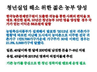 한국농촌경제연구원이 도출한 귀농을 통한 사회의 편익을 토
대로 계산한 결과, 10년간 청년농부 10만 명을 양성할 경우 국
가가 얻는 이익은 58조원에 달함
농림축산식품부가 집계해서 발표한 ‘2012년 전국 귀촌가구
현황’에 따르면 지난해 도시에서 농어촌으로 이주한 전국 귀
촌가구 1만5,788가구가운데 가구주가 30대 이하인 경우는
21.3%, 3,369가구에 달했다.
일본, 40살이하 한 달에 200만원 남짓한 돈을 7~8년 지원
유럽, 45살이하 2015년 영파머 직접지불제 추진
기존 농가를 중심으로 한 청년 정착지원 멘토제 운영 필요
청년실업 해소 위한 젊은 농부 양성
 