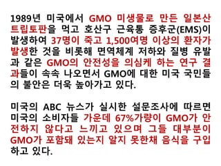 GMO끄나풀,학계24%업계23%언론12%
지난해 9월 푸드앤드워터워치에 따르면 미국 정부는 로비와 압력을 번갈아 가며 여러
나라들에게 유전자조작 농산물을 강매하며 생명공학 옹호 제도를 갖추도록 유도
GMO표시제, 생명공학의 위험성에 대한 규제와 반대 여론을 무마하기 위한 이벤트,언
론로비,여론주도층 외유등 매년 수백만달러 국고 낭비.
2005년~2009년 유전자조작 농식품과 관련한 미국 정부의 외교 끄나풀망(cables)은
113개국 926개. 이는 기밀 또는 상위 등급 끄나풀망을 제외한 것으로 실제의 10%도
못 미침. 그럼에도 생명공학 외교 끄나풀은 다른 끄나풀에 비해 계속 빠르게 증가
미국 정부는 개도국들에게 유전자조작 농산물을 재배하도록 압력을 행사하고, 로비를
통해서 GMO우호 법률안을 통과시키는 내정간섭을 일삼음
Biotech Amassadors, Food & Water Watch, 2013. 9.14.
 