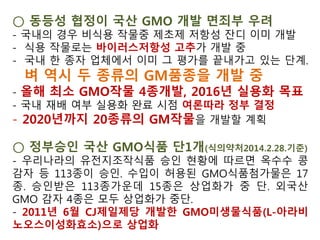 미국,한국GMO불검출기준 수용할까?
한미 유기농식품제도, GMO금지 입장을 공유한다고?
미국 정부는 대외적으로 유기농식품의 생산과 판매에 있
어 비의도적인 혼입까지 인정치 않는 유전자조작생명체
(GMOs)규제 정책을 펼치고 있다고 밝히고 있다.
그렇다면 한미 유기가공식품 동등성 협상에서 우리 정부
는‘GMO불검출’을 규정하고 있는 우리의 현행 친환경농
어업육성 및 유기가공식품등의 관리 지원에 관한 법률은
전혀 문제가 될 것이 없다. 이 규정을 고치거나 빼야 할
이유가 없는 셈이다. 과연 그럴까?
 
