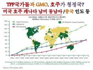 TPP국가들과 GMO, 호주가 청정국?
미국 호주 캐나다 남미 동남아 /중국 인도 등
 