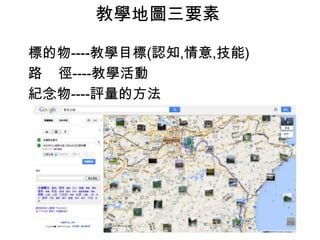 教學地圖三要素
標的物----教學目標(認知,情意,技能)
路 徑----教學活動
紀念物----評量的方法
 