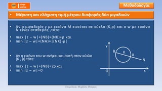 • Αν ο μιγαδικός z με εικόνα Μ κινείται σε κύκλο (Κ,ρ) και ο w με εικόνα
Ν είναι σταθερός ,τότε:
• max |z – w|=(NB)=(NΚ)+ρ και
• min |z – w|=(NA)=|(NK)-ρ|
• Αν η εικόνα του w ανήκει και αυτή στον κύκλο
(Κ , ρ) τότε:
• max |z – w|=(NB)=2ρ και
• min |z – w|=0
Μεθοδολογία
• Μέγιστη και ελάχιστη τιμή μέτρου διαφοράς δύο μιγαδικών
O
K
y
x
N
B
A
Επιμέλεια: Μιχάλης Μάγκος
 