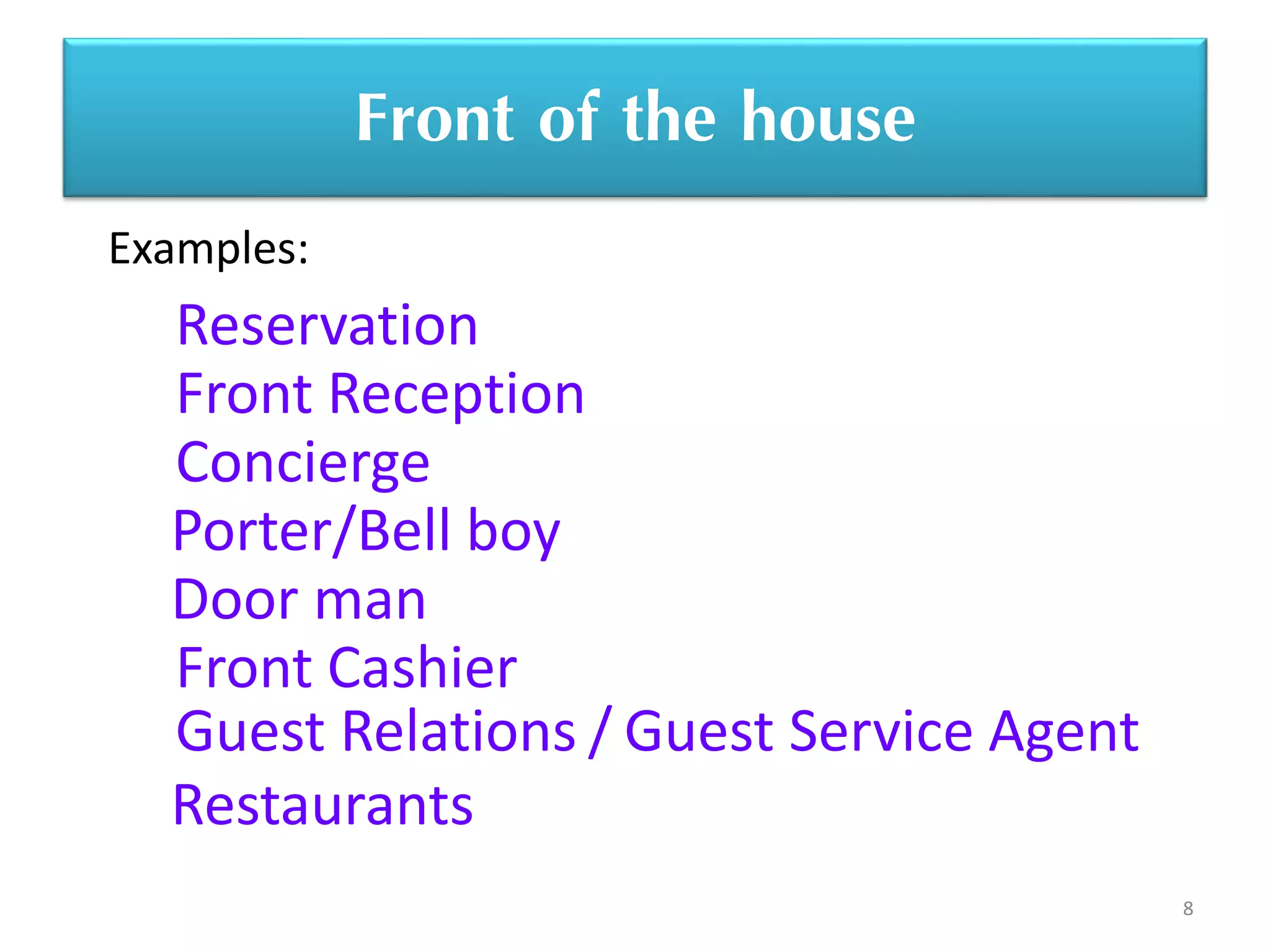 8
Front of the house
Reservation
Front Reception
Concierge
Porter/Bell boy
Door man
Front Cashier
Guest Relations / Guest Service Agent
Restaurants
Examples:
 