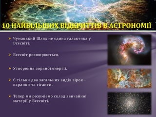  Чумацький Шлях не єдина галактика у
Всесвіті.
 Всесвіт розширюється.
 Утворення зоряної енергії.
 Є тільки два загальних видів зірок -
карлики та гіганти.
 Тепер ми розуміємо склад звичайної
матерії у Всесвіті.
10 НАЙБІЛЬШИХ ВІДКРИТТІВ В АСТРОНОМІЇ
 