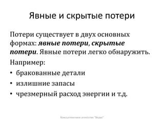 Явные и скрытые потери
Потери существует в двух основных
формах: явные потери, скрытые
потери. Явные потери легко обнаружить.
Например:
• бракованные детали
• излишние запасы
• чрезмерный расход энергии и т.д.
Консалтинговое агентство "Ведис"
 