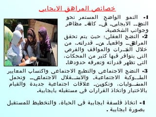 ‫اليجابي‬ ‫المراهق‬ ‫خصائص‬
1-‫نحو‬ ‫المستمر‬ ‫الواضح‬ ‫النمو‬
‫مظاهر‬ ‫ة‬‫ة‬‫ةة‬‫كاف‬ ‫ة‬‫ة‬‫ةي‬‫ف‬ ‫ةية‬‫ب‬‫اليجا‬ ‫ةة‬‫ة‬‫ةج‬‫النض‬
.‫الشخصية‬ ‫وجوانب‬
2-‫تحقق‬ ‫يتم‬ ‫حيث‬ ‫العقلي؛‬ ‫النضج‬
‫من‬ ،‫ةهة‬‫ت‬‫قدرا‬ ‫ةنةة‬‫م‬ ‫ةاة‬‫ي‬‫واقع‬ ‫ةقةة‬‫المراه‬
‫والفرص‬ ‫والمواقف‬ ‫ةبةةرات‬‫الخ‬ ‫خلل‬
،‫المحكات‬ ‫من‬ ‫ير‬‫كث‬ ‫ها‬‫في‬ ‫فر‬‫يتوا‬ ‫تي‬‫ال‬
.‫حدودها‬ ‫وتعرفه‬ ‫قدراته‬ ‫تظهر‬ ‫التي‬
3-‫المعايير‬ ‫واكتساب‬ ‫الجتماعي‬ ‫والتطبع‬ ‫الجتماعي‬ ‫النضج‬
‫وتحمل‬ ‫ةيةة‬‫ة‬‫الجتماع‬ ‫ةتةةةقلل‬‫ة‬‫والس‬ ‫ةةة‬‫ة‬‫ي‬‫الجتماع‬ ‫ةلةةةوكية‬‫ة‬‫الس‬
‫والقيام‬ ‫جديدة‬ ‫اجتماعية‬ ‫علقات‬ ‫ةنة‬‫ي‬‫وتكو‬ ،‫ةئةةةوليات‬‫المس‬
.‫بايجابية‬ ‫مستقبله‬ ‫في‬ ‫القرارات‬ ‫واتخاذ‬ ‫بالختيار‬
4-‫للمستقبل‬ ‫والتخطيط‬ ،‫الحياة‬ ‫في‬ ‫ايجابية‬ ‫فلسفة‬ ‫اتخاذ‬
‫ايجابية‬ ‫بصورة‬.
 