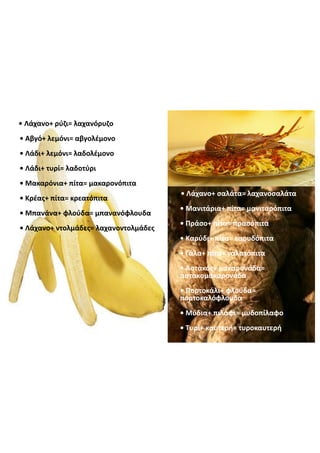 •  Λάχανο+  ρύζι=  λαχανόρυζο
•  Αβγό+  λεμόνι=  αβγολέμονο
•  Λάδι+  λεμόνι=  λαδολέμονο
•  Λάδι+  τυρί=  λαδοτύρι
•  Μακαρόνια+  πίτα=  μακαρονόπιτα
•  Κρέας+  πίτα=  κρεατόπιτα
•  Μπανάνα+  φλούδα=  μπανανόφλουδα
•  Λάχανο+  ντολμάδες=  λαχανοντολμάδες
•  Λάχανο+  σαλάτα=  λαχανοσαλάτα
•  Μανιτάρια+  πίτα=  μανιταρόπιτα
•  Πράσο+  πίτα=  πρασόπιτα
•  Καρύδι+  πίτα=  καρυδόπιτα
•  Γάλα+  πίτα=  γαλατόπιτα
•  Αστακός+  μακαρονάδα=  
αστακομακαρονάδα
•  Πορτοκάλι+  φλούδα=  
πορτοκαλόφλουδα
•  Μύδια+  πιλάφι=  μυδοπίλαφο
•  Τυρί+  καυτερή=  τυροκαυτερή
 