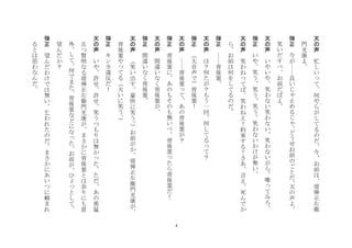 4
天
の
声
	
 
忙
し
い
て
何
や
ら
が
し
て
る
の
だ
今
お
前
は
堤
弾
正
左
衛
門
光
康
よ
	
 
弾
正
	
 
今
が
良
い
じ
止
め
る
じ
ど
う
せ
お
前
の
ご
と
だ
天
の
声
よ
笑
い
だ
す
べ
お
前
だ
ば
よ
	
 
天
の
声
	
 
い
や
い
や
笑
わ
な
い
笑
わ
な
い
笑
わ
な
い
が
ら
喋
て
み
ろ
	
 
弾
正
	
 
い
や
笑
う
笑
う
笑
う
笑
わ
な
い
わ
け
が
無
い
	
 
天
の
声
	
 
笑
わ
ね
て
ば
笑
わ
ね
え
！
約
束
す
る
！
さ
あ
言
え
死
ん
で
か
ら
お
前
は
何
を
し
て
る
の
だ
	
 
弾
正
	
 
背
後
霊
	
 
天
の
声
	
 
は
？
何
た
が
？
も
う
一
回
何
し
て
る
て
？
	
 
弾
正
	
 
大
音
声
で
背
後
霊
！
	
 
天
の
声
	
 
背
後
霊
て
あ
の
背
後
霊
が
？
	
 
弾
正
	
 
背
後
霊
に
あ
の
も
そ
の
も
無
い
べ
背
後
霊
た
ら
背
後
霊
だ
！
	
 
天
の
声
	
 
間
違
い
な
く
背
後
霊
が
	
 
弾
正
	
 
間
違
い
な
く
背
後
霊
	
 
天
の
声
	
 
笑
い
出
す
豪
快
に
笑
う
お
前
が
か
堤
弾
正
左
衛
門
光
康
が
背
後
霊
や
て
る
大
い
に
笑
う
	
 
弾
正
	
 
キ
ン
カ
違
反
だ
！
	
 
天
の
声
	
 
い
や
許
せ
許
せ
笑
う
つ
も
り
は
無
か
た
た
だ
あ
の
勇
猛
且
つ
賢
明
な
る
堤
弾
正
左
衛
門
光
康
が
ま
さ
か
に
背
後
霊
と
は
余
り
に
も
意
外
し
て
何
で
ま
た
背
後
霊
な
ど
に
な
た
お
前
が
ひ
と
し
て
望
ん
だ
か
？
	
 
弾
正	
 
望
ん
だ
わ
け
で
は
無
い
乞
わ
れ
た
の
だ
ま
さ
か
に
あ
い
つ
に
頼
ま
れ
る
と
は
思
わ
な
ん
だ
	
 
 
