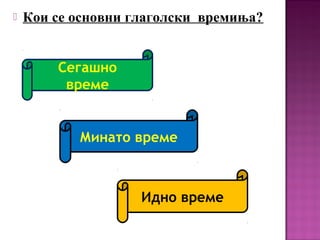  Кои се основни глаголски времиња?
Сегашно
време
Минато време
Идно време
 