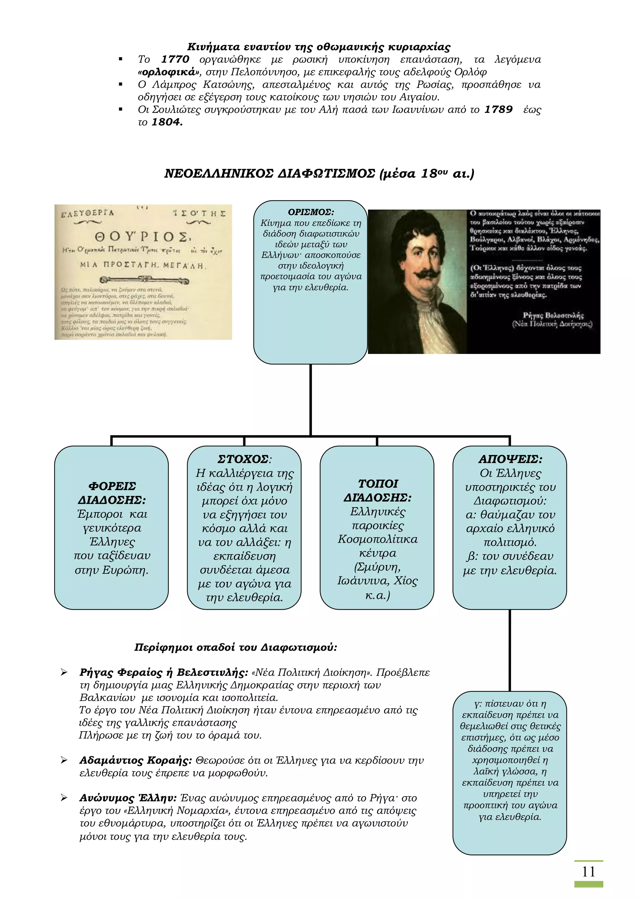 11
Κινήματα εναντίον της οθωμανικής κυριαρχίας
 Το 1770 οργανώθηκε με ρωσική υποκίνηση επανάσταση, τα λεγόμενα
«ορλοφικά», στην Πελοπόννησο, με επικεφαλής τους αδελφούς Ορλόφ
 Ο Λάμπρος Κατσώνης, απεσταλμένος και αυτός της Ρωσίας, προσπάθησε να
οδηγήσει σε εξέγερση τους κατοίκους των νησιών του Αιγαίου.
 Οι Σουλιώτες συγκρούστηκαν με τον Αλή πασά των Ιωαννίνων από το 1789 έως
το 1804.
ΝΕΟΕΛΛΗΝΙΚΟΣ ΔΙΑΦΩΤΙΣΜΟΣ (μέσα 18ου αι.)
ΟΡΙΣΜΟΣ:
Κίνημα που επεδίωκε τη
διάδοση διαφωτιστικών
ιδεών μεταξύ των
Ελλήνων· αποσκοπούσε
στην ιδεολογική
προετοιμασία του αγώνα
για την ελευθερία.
ΦΟΡΕΙΣ
ΔΙΑΔΟΣΗΣ:
Έμποροι και
γενικότερα
Έλληνες
που ταξίδευαν
στην Ευρώπη.
ΣΤΟΧΟΣ:
Η καλλιέργεια της
ιδέας ότι η λογική
μπορεί όχι μόνο
να εξηγήσει τον
κόσμο αλλά και
να τον αλλάξει: η
εκπαίδευση
συνδέεται άμεσα
με τον αγώνα για
την ελευθερία.
ΤΟΠΟΙ
ΔΙΆΔΟΣΗΣ:
Ελληνικές
παροικίες
Κοσμοπολίτικα
κέντρα
(Σμύρνη,
Ιωάννινα, Χίος
κ.α.)
ΑΠΟΨΕΙΣ:
Οι Έλληνες
υποστηρικτές του
Διαφωτισμού:
α: θαύμαζαν τον
αρχαίο ελληνικό
πολιτισμό.
β: τον συνέδεαν
με την ελευθερία.
γ: πίστευαν ότι η
εκπαίδευση πρέπει να
θεμελιωθεί στις θετικές
επιστήμες, ότι ως μέσο
διάδοσης πρέπει να
χρησιμοποιηθεί η
λαϊκή γλώσσα, η
εκπαίδευση πρέπει να
υπηρετεί την
προοπτική του αγώνα
για ελευθερία.
Περίφημοι οπαδοί του Διαφωτισμού:
 Ρήγας Φεραίος ή Βελεστινλής: «Νέα Πολιτική Διοίκηση». Προέβλεπε
τη δημιουργία μιας Ελληνικής Δημοκρατίας στην περιοχή των
Βαλκανίων με ισονομία και ισοπολιτεία.
Το έργο του Νέα Πολιτική Διοίκηση ήταν έντονα επηρεασμένο από τις
ιδέες της γαλλικής επανάστασης
Πλήρωσε με τη ζωή του το όραμά του.
 Αδαμάντιος Κοραής: Θεωρούσε ότι οι Έλληνες για να κερδίσουν την
ελευθερία τους έπρεπε να μορφωθούν.
 Ανώνυμος Έλλην: Ένας ανώνυμος επηρεασμένος από το Ρήγα· στο
έργο του «Ελληνική Νομαρχία», έντονα επηρεασμένο από τις απόψεις
του εθνομάρτυρα, υποστηρίζει ότι οι Έλληνες πρέπει να αγωνιστούν
μόνοι τους για την ελευθερία τους.
 