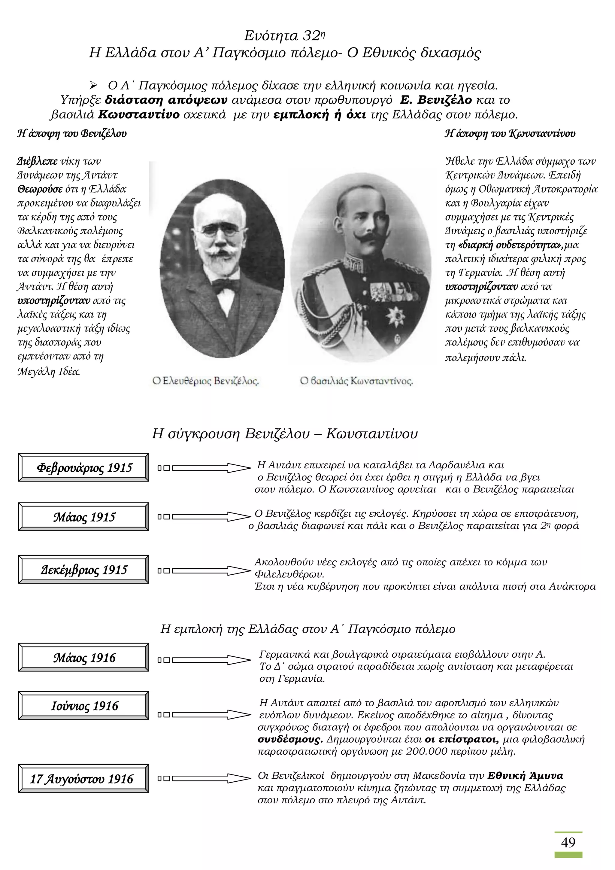 49
Ενότητα 32η
Η Ελλάδα στον Α’ Παγκόσμιο πόλεμο- Ο Εθνικός διχασμός
 Ο Α΄ Παγκόσμιος πόλεμος δίχασε την ελληνική κοινωνία και ηγεσία.
Υπήρξε διάσταση απόψεων ανάμεσα στον πρωθυπουργό Ε. Βενιζέλο και το
βασιλιά Κωνσταντίνο σχετικά με την εμπλοκή ή όχι της Ελλάδας στον πόλεμο.
Η σύγκρουση Βενιζέλου – Κωνσταντίνου
Η Αντάντ επιχειρεί να καταλάβει τα Δαρδανέλια και
ο Βενιζέλος θεωρεί ότι έχει έρθει η στιγμή η Ελλάδα να βγει
στον πόλεμο. Ο Κωνσταντίνος αρνείται και ο Βενιζέλος παραιτείται
Ο Βενιζέλος κερδίζει τις εκλογές. Κηρύσσει τη χώρα σε επιστράτευση,
ο βασιλιάς διαφωνεί και πάλι και ο Βενιζέλος παραιτείται για 2η φορά
Ακολουθούν νέες εκλογές από τις οποίες απέχει το κόμμα των
Φιλελευθέρων.
Έτσι η νέα κυβέρνηση που προκύπτει είναι απόλυτα πιστή στα Ανάκτορα
Η εμπλοκή της Ελλάδας στον Α΄ Παγκόσμιο πόλεμο
Γερμανικά και βουλγαρικά στρατεύματα εισβάλλουν στην Α.
Μακεδονία Το Δ΄ σώμα στρατού παραδίδεται χωρίς αντίσταση και μεταφέρεται
στη Γερμανία.
Η Αντάντ απαιτεί από το βασιλιά τον αφοπλισμό των ελληνικών
ενόπλων δυνάμεων. Εκείνος αποδέχθηκε το αίτημα , δίνοντας
συγχρόνως διαταγή οι έφεδροι που απολύονται να οργανώνονται σε
συνδέσμους. Δημιουργούνται έτσι οι επίστρατοι, μια φιλοβασιλική
παραστρατιωτική oργάνωση με 200.000 περίπου μέλη.
Οι Βενιζελικοί δημιουργούν στη Μακεδονία την Εθνική Άμυνα
και πραγματοποιούν κίνημα ζητώντας τη συμμετοχή της Ελλάδας
στον πόλεμο στο πλευρό της Αντάντ.
Η άποψη του Βενιζέλου
Διέβλεπε νίκη των
Δυνάμεων της Αντάντ
Θεωρούσε ότι η Ελλάδα
προκειμένου να διαφυλάξει
τα κέρδη της από τους
Βαλκανικούς πολέμους
αλλά και για να διευρύνει
τα σύνορά της θα έπρεπε
να συμμαχήσει με την
Αντάντ. Η θέση αυτή
υποστηρίζονταν από τις
λαϊκές τάξεις και τη
μεγαλοαστική τάξη ιδίως
της διασποράς που
εμπνέονταν από τη
Μεγάλη Ιδέα.
Η άποψη του Κωνσταντίνου
Ήθελε την Ελλάδα σύμμαχο των
Κεντρικών Δυνάμεων. Επειδή
όμως η Οθωμανική Αυτοκρατορία
και η Βουλγαρία είχαν
συμμαχήσει με τις Κεντρικές
Δυνάμεις ο βασιλιάς υποστήριζε
τη «διαρκή ουδετερότητα»,μια
πολιτική ιδιαίτερα φιλική προς
τη Γερμανία. .Η θέση αυτή
υποστηρίζονταν από τα
μικροαστικά στρώματα και
κάποιο τμήμα της λαϊκής τάξης
που μετά τους βαλκανικούς
πολέμους δεν επιθυμούσαν να
πολεμήσουν πάλι.
Φεβρουάριος 1915
Μάιος 1915
Δεκέμβριος 1915
Μάιος 1916
Ιούνιος 1916
17 Αυγούστου 1916
 