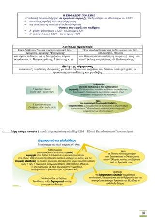 18
……….λίγη ακόμη ιστορία ( πηγή: http:repository.edulll.gr/261 Eθνικό Καποδιστριακό Πανεπιστήμιο)
Αντίπαλα στρατόπεδα
Όσοι διέθεταν εξουσία προεπαναστατικά δηλ. Όσοι αναδείχθηκαν στα πεδία των μαχών δηλ.
πρόκριτοι, ιεράρχες, Φαναριώτες οπλαρχηγοί , Φιλικοί
και τώρα επεδίωκαν να τη διατηρήσουν (κύριοι
εκπρόσωποι: Α. Μαυροκορδάτος, Ι. Κωλέττης κ. α
και θεωρούσαν αυτονόητη τη συμμετοχή τους στα
κοινά (κύριος εκπρόσωπος: Θ. Κολοκοτρώνης)
Αιτίες της σύγκρουσης
τοπικιστικές αντιθέσεις, διαφωνίες για τη διαχείριση των χρημάτων του δανείου από την Αγγλία, οι
προσωπικές αντιπαλότητες και φιλοδοξίες
ΟΟ ΕΕΜΜΦΦΥΥΛΛΙΙΟΟΣΣ ΠΠΟΟΛΛΕΕΜΜΟΟΣΣ
ΗΗ πποολλιιττιικκήή έένντταασσηη οοδδήήγγηησσεε σσεε εεμμφφύύλλιιαα σσύύρρρρααξξηη.. ΕΕκκδδηηλλώώθθηηκκεε ττοο φφθθιιννόόππωωρροο ττοουυ 11882233::
 ααρρχχιικκάά ωωςς σσφφοοδδρρήή πποολλιιττιικκήή σσύύγγκκρροουυσσηη
 σσττηη σσυυννέέχχεειιαα ωωςς ααννοοιιχχττήή έέννοοππλληη σσύύγγκκρροουυσσηη
ΦΦάάσσεειιςς ττοουυ εεμμφφύύλλιιοουυ πποολλέέμμοουυ::
 ΑΑ΄΄ φφάάσσηη:: φφθθιιννόόππωωρροο 11882233 –– κκααλλοοκκααίίρριι 11882244
 ΒΒ’’ φφάάσσηη:: ΙΙοούύλλιιοοςς 11882244 –– ΙΙααννοουυάάρριιοοςς 11882255
 