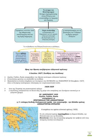 21
Προς την ίδρυση ανεξάρτητου ελληνικού κράτους:
6 Ιουλίου 1827 ( Συνθήκη του Λονδίνου)
 Αγγλία, Γαλλία ,Ρωσία αποφασίζουν την ίδρυση αυτόνομου ελληνικού κράτους
 Ο σουλτάνος αρνείται να αποδεχθεί τη συνθήκη
 Προκαλείται η ένοπλη επέμβαση των Δυνάμεων στη ΝΑΥΜΑΧΊΑ του ΝΑΒΑΡΙΝΟΥ (8 Οκτωβρίου 1827)
όπου οι δυνάμεις κατέστρεψαν ολοσχερώς τον τουρκοαιγυπτιακό στόλο.
1828-1829
 ήττα της Τουρκίας στο ρωσοτουρκικό πόλεμο
 ο σουλτάνος υποχρεώνεται να δεχτεί όλες τις μέχρι τότε αποφάσεις των Δυνάμεων σχετικά με το
ελληνικό ζήτημα.
22 ΙΑΝΟΥΑΡΙΟΥ 1830
Αγγλία, Γαλλία, Ρωσία
υπογράφουν το
ΠΡΩΤΟΚΟΛΛΟ ΤΗΣ ΑΝΕΞΑΡΤΗΣΙΑΣ
η 1η επίσημη διεθνής διπλωματική πράξη που αναγνωρίζει την Ελλάδα κράτος
ΑΝΕΞΑΡΤΗΤΟ& ΚΥΡΙΑΡΧΟ
Το νέο ελληνικό κράτος περιλαμβάνει τη Στερεά Ελλάδα, την
Πελοπόννησο και τις Κυκλάδες.
Εκτείνεται νότια της συνοριακής γραμμής που ορίζεται από τους
ποταμούς Αχελώο και Σπερχειό.
Το κίνημα του
Φιλελληνισμού
Κίνημα συμπαράστασης
στους Έλληνες που
αναπτύχθηκε σε Αμερική
και Ευρώπη
Στρεφόταν εναντίον τόσο
της οθωμανικής
απολυταρχίας όσο και
της Ιερής συμμαχίας
Λόγοι ανάπτυξης
α) θαυμασμός των
Ευρωπαίων για τον αρχαίο
ελληνικό πολιτισμό
β) συγκίνηση για τις
ελληνικές επιτυχίες
γ) αποτροπιασμός για τις
βιαιότητες των Τούρκων
σε βάρος αμάχων
Ελλήνων
 